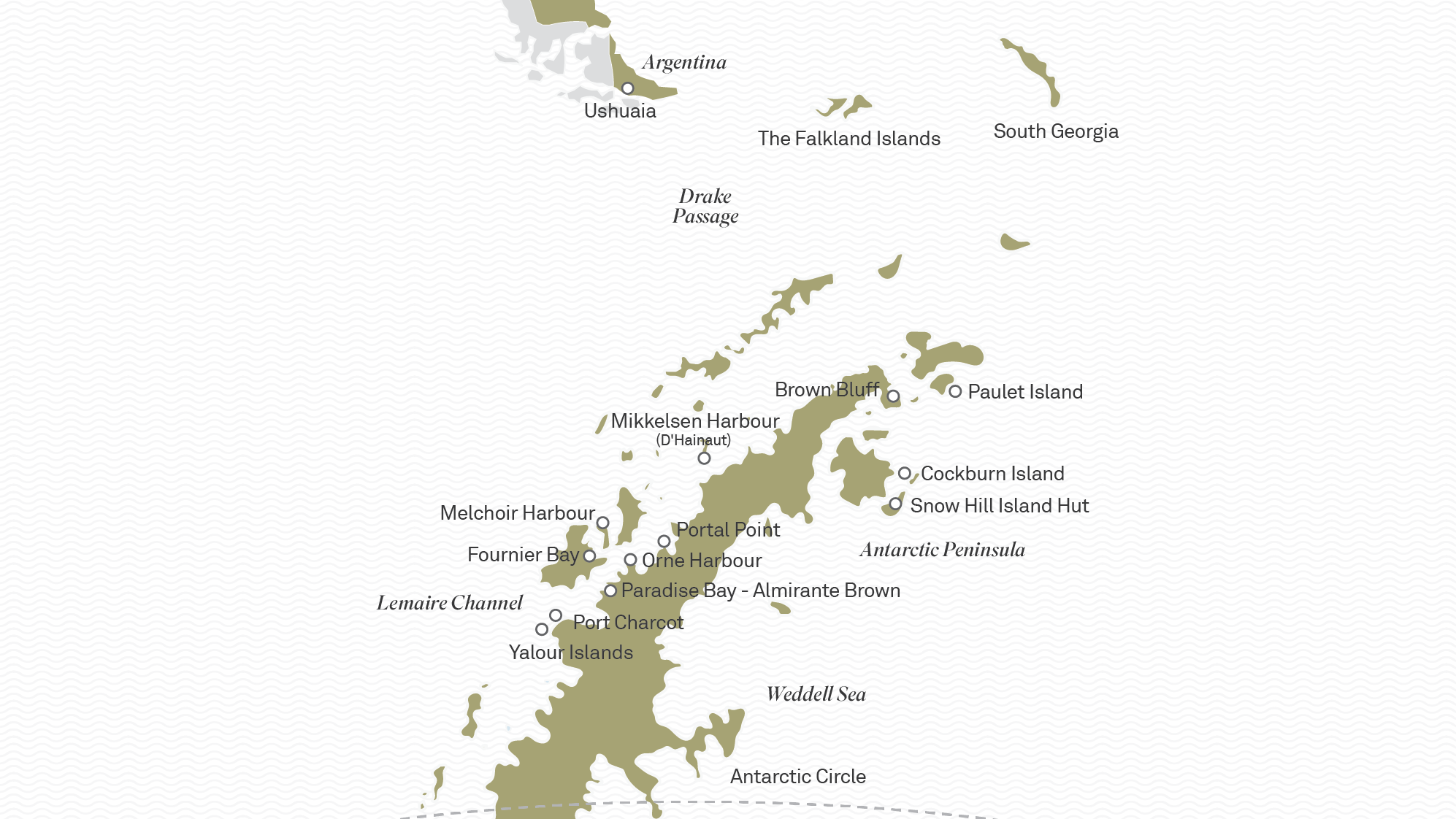 Map of Antarctica, Falklands and South Georgia voyage destinations