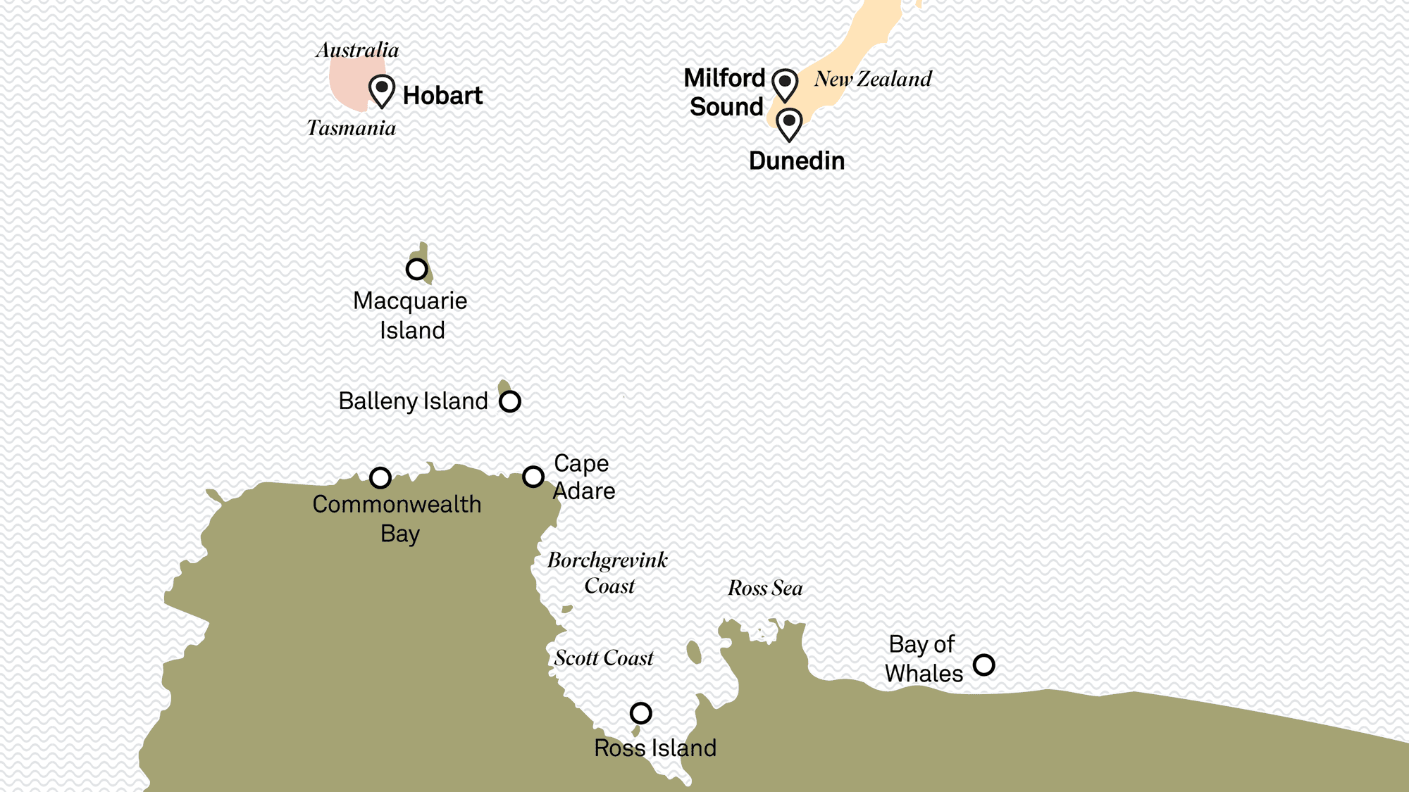 Map of Ross Sea and East Antarctic cruise stops