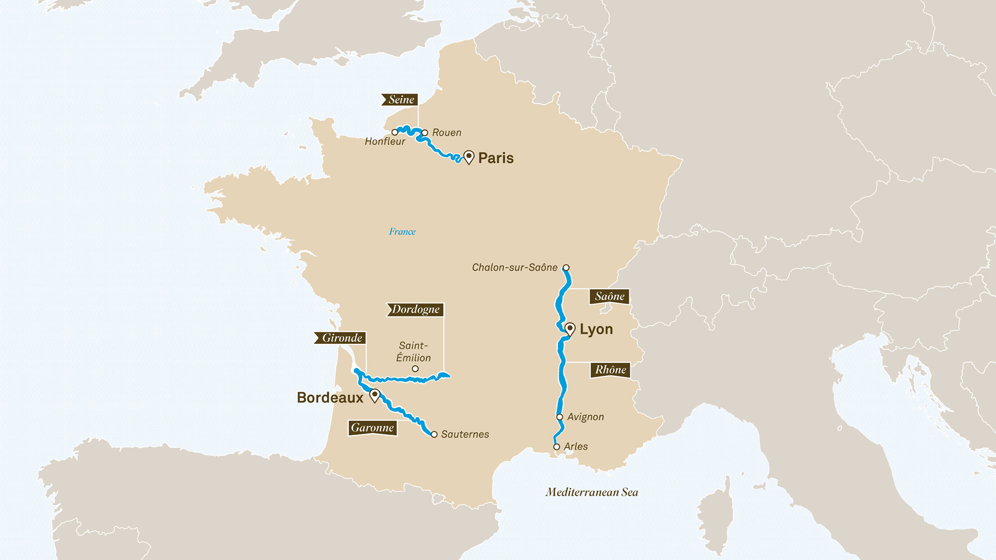 Map of Seine, Garonne, Gironde, Dordogne, Saône and Rhône rivers, France