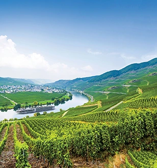 The Scenic Crystal ship cruising the Moselle Valley in Germany, surrounded by a landscape of lush green vineyards stretching out into the distance. 