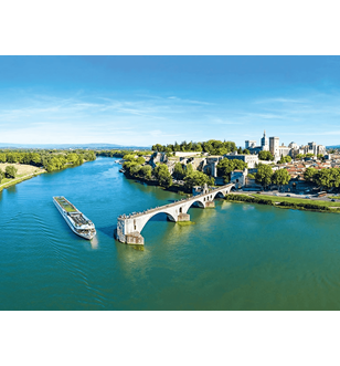 The Scenic Sapphire Space-Ship on the Rhone River. Cruising past the historic city of Avignon on a clear sunny day.