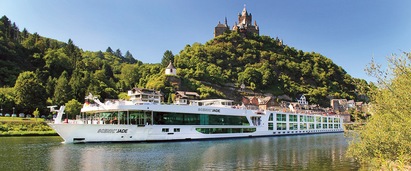 Scenic river cruise ship docked in Bordeaux, France