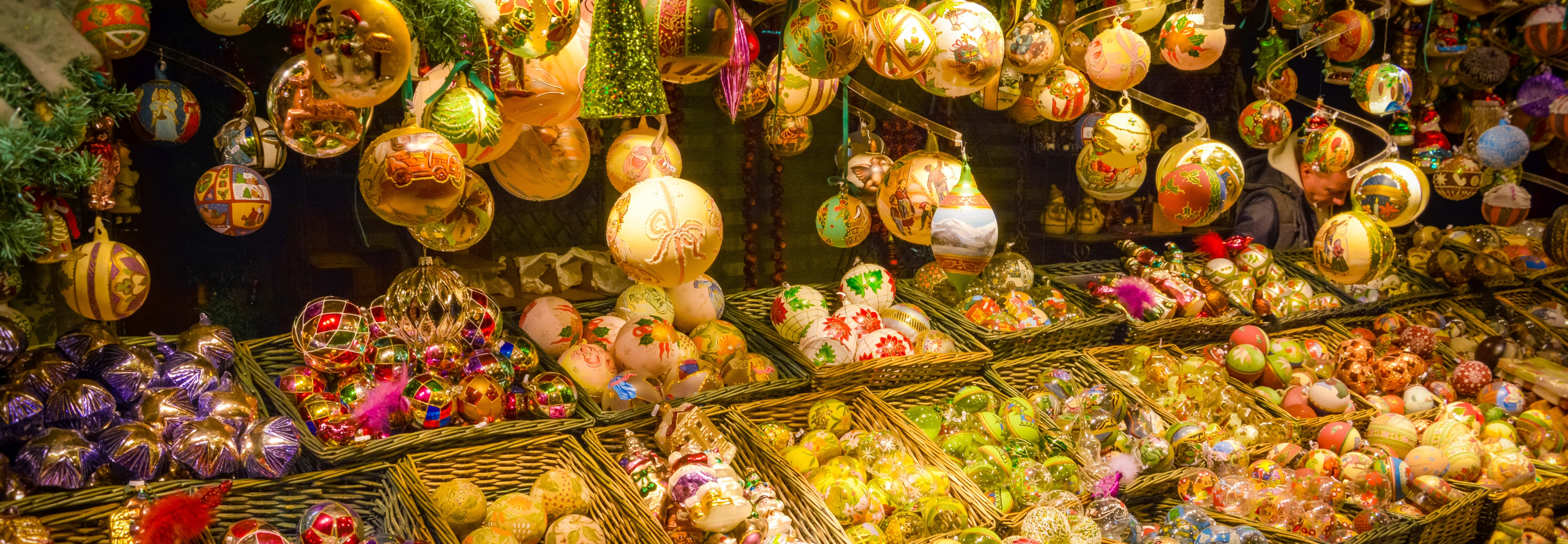 Christmas decoration market stall with hand painted baubles