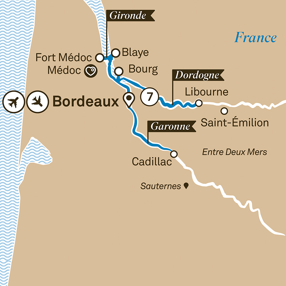 Itinerary map of Bordeaux Affair cruise with Chef Bryan Voltaggio